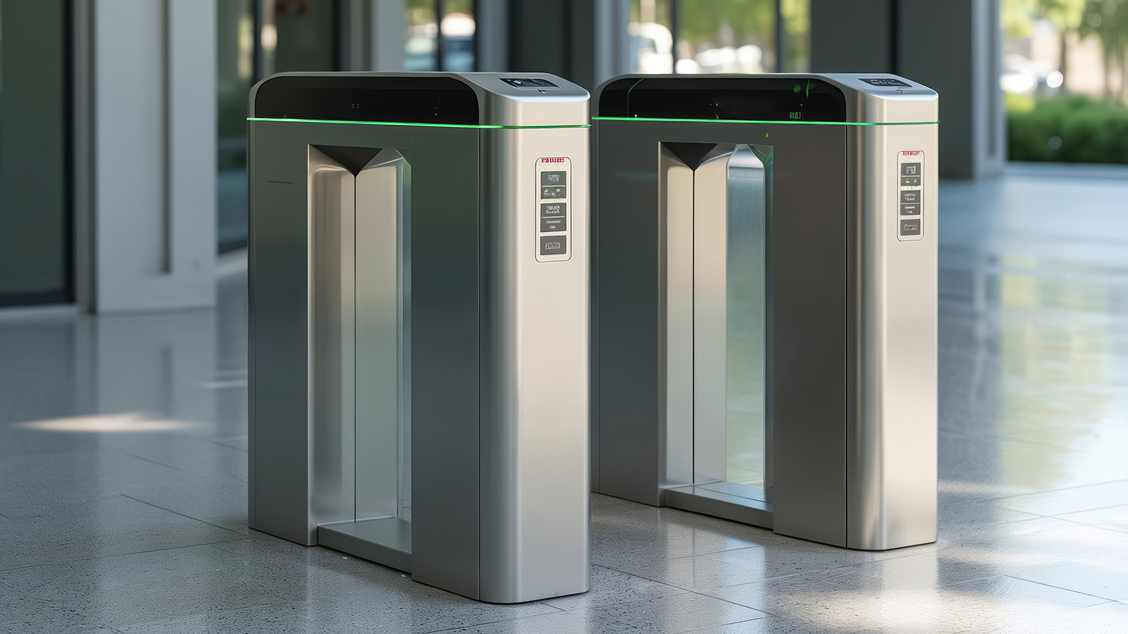 Electronic silver code operated turnstiles for various entrances. Modern access control technology, automated barrier. Access, accessibility, admission, safety. Security system, urban transportation,